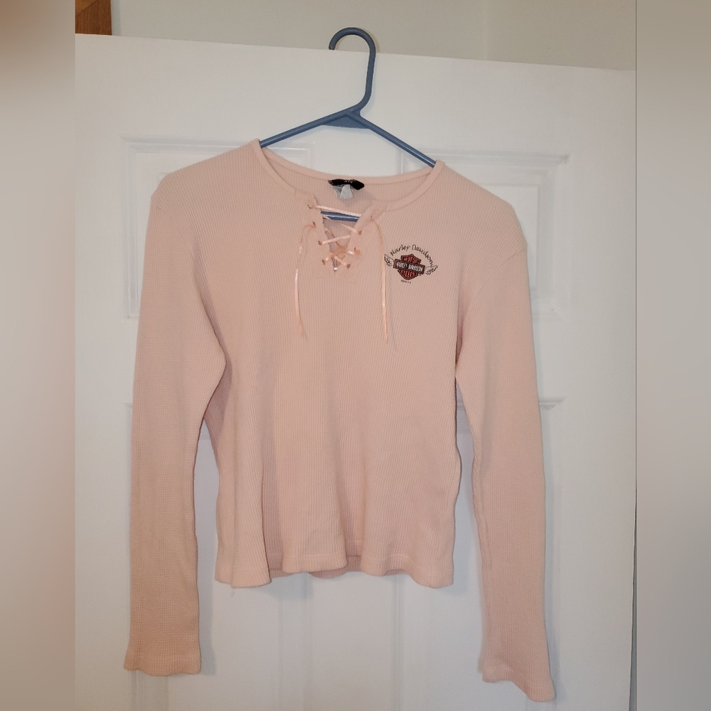 Vintage Harley-Davidson 100% Cotton USA Light Peach Long Sleeve Lace Up Neck Tee